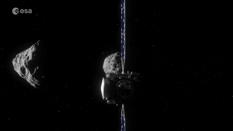 Dimorphos (seen right), the small moon of the binary asteroid Didymos (seen left), while ESA’s Hera spacecraft takes a close-up survey of the crater. Credits: ESA-Science Office