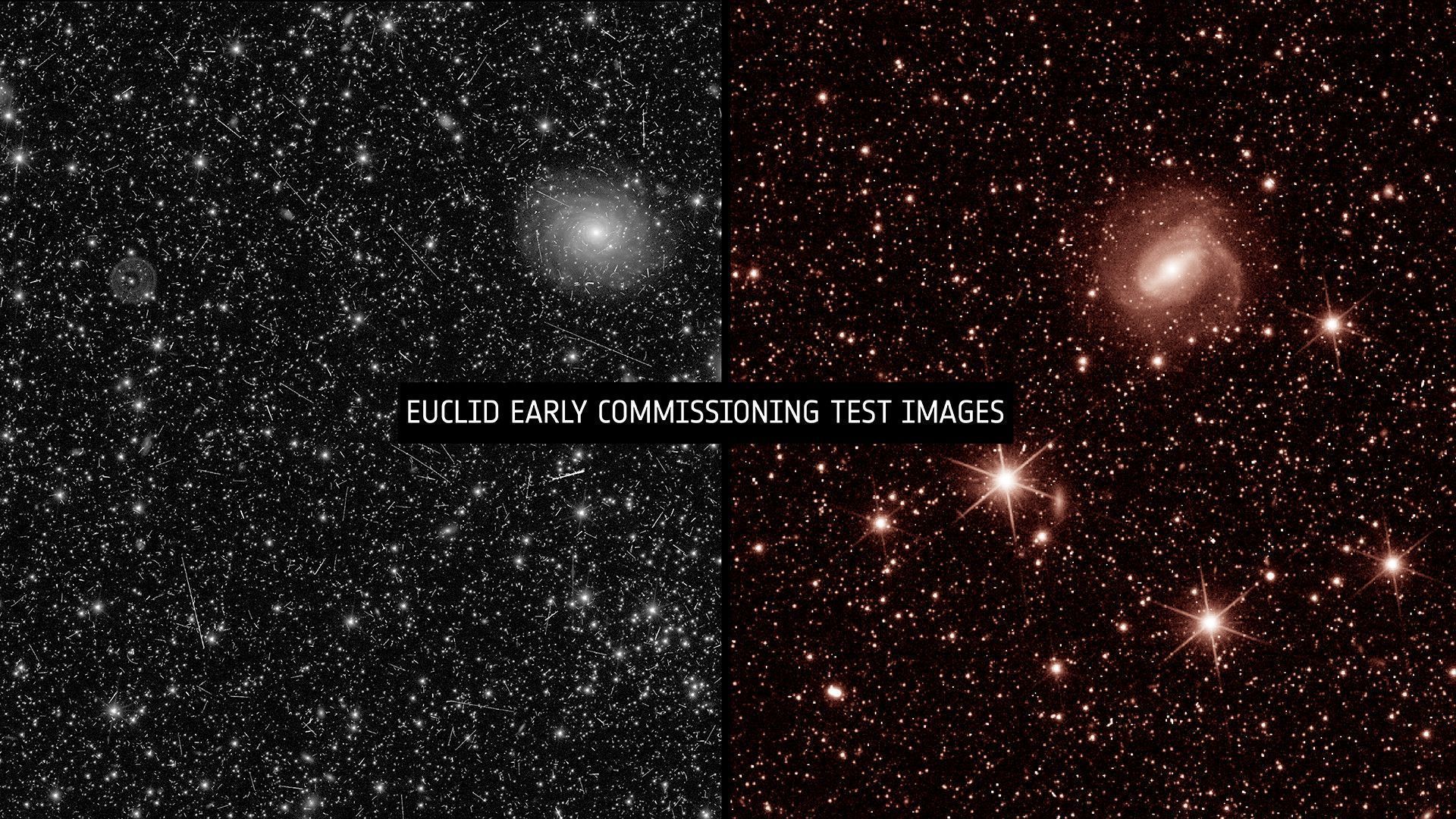 The image on the left was taken by Euclid´s VISible instrument (VIS) and the image on the right was taken by Euclid´s Near-Infrared Spectrometer and Photometer (NISP). They are not on the same scale. These early test images were taken to check the instruments and review how the spacecraft can be further tweaked and refined. 