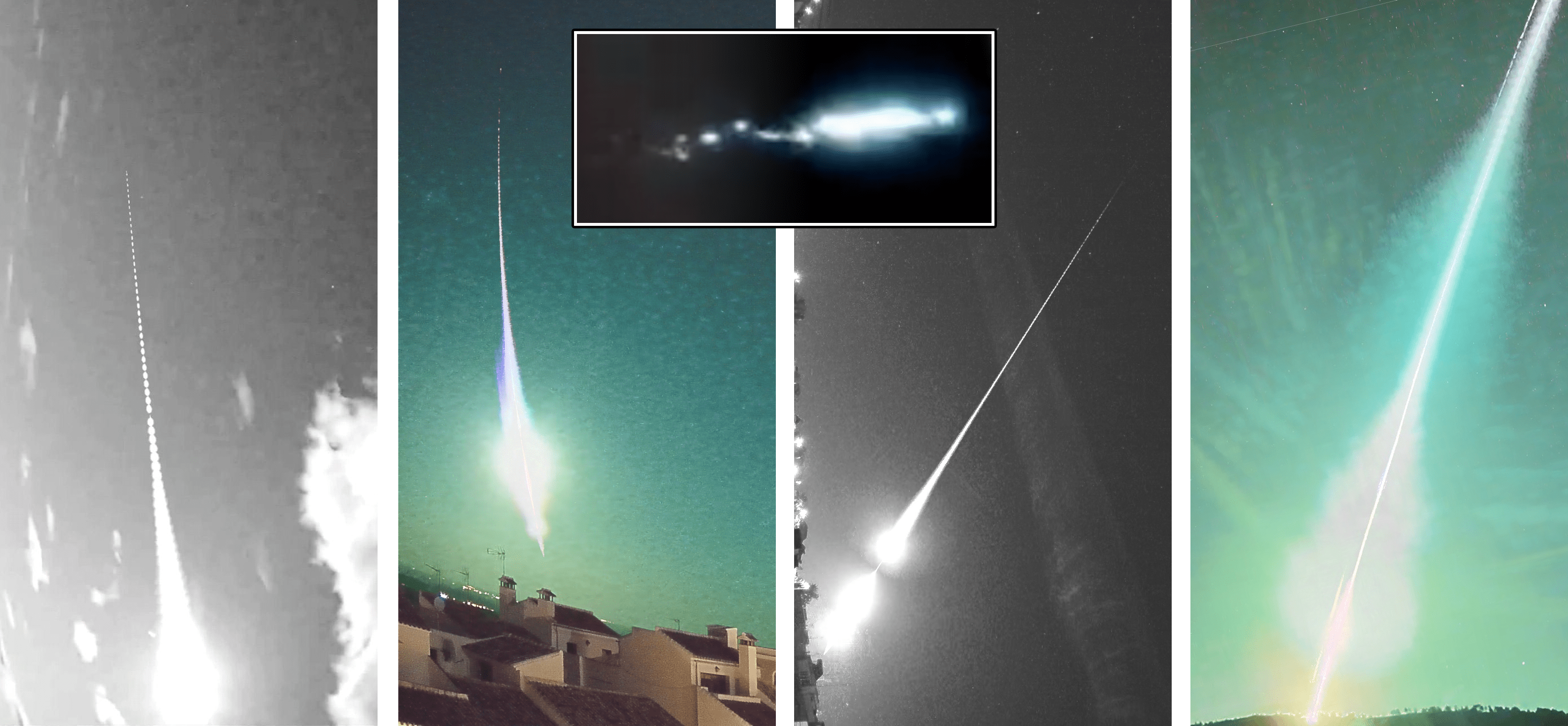 Frames from four videos used in the article to study the SPMN180524F superbolide. The images are max-combined from the video frames. Some saturated frames have been removed for illustration purposes. From left to right: Navianos de Valverde, Estepa, Sanlúcar de Barrameda, and Casas de Millán. At the center is a frame from a video shared on social media that captures the final part of the luminous phase. Credits: Eloy Peña-Asensio et al. 