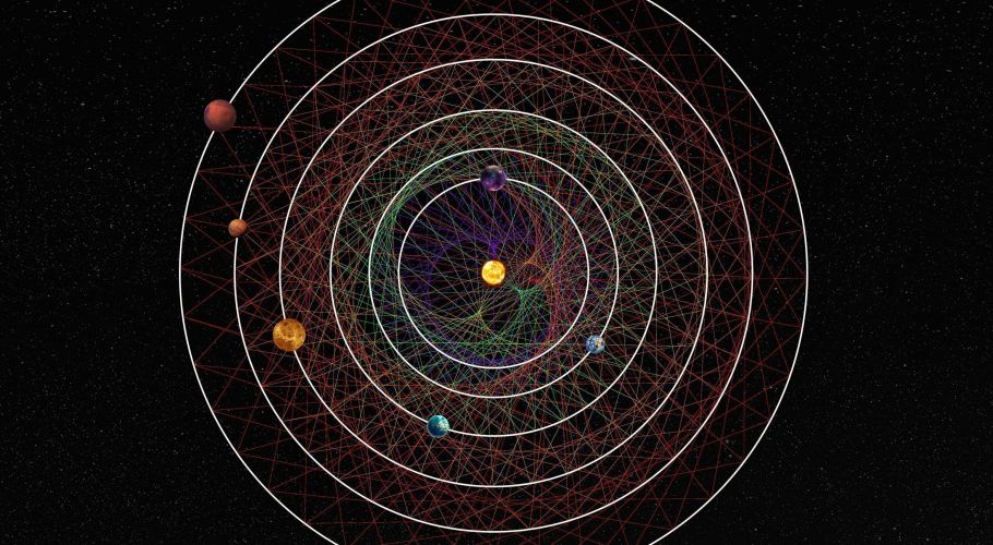 Tracing a link between two neighbour planets at regular time interval along their orbits, creates a pattern unique to each couple. The six planets of the HD110067 system create together a mesmerising geometric pattern due to their resonance-chain. Credits: Thibaut Roger (NCCR PlanetS).  