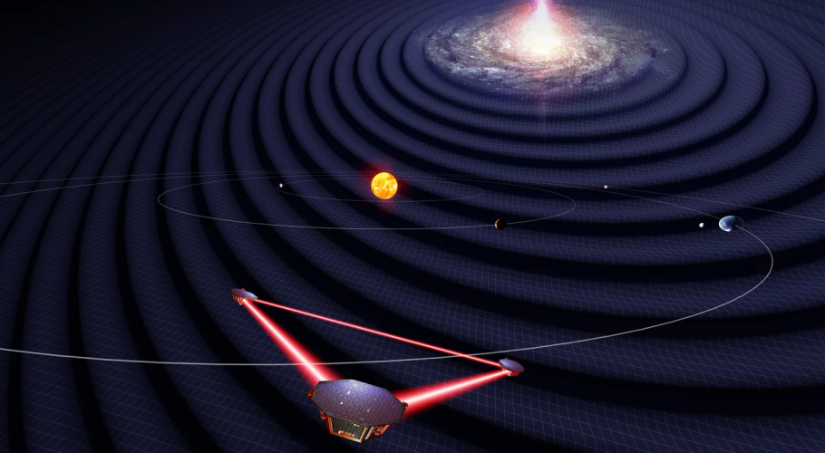 Artist's impression of the LISA mission satellites in the solar system observing gravitational waves from a distant galaxy. Credits: University of Florida / Simon Barke (CC BY 4.0).