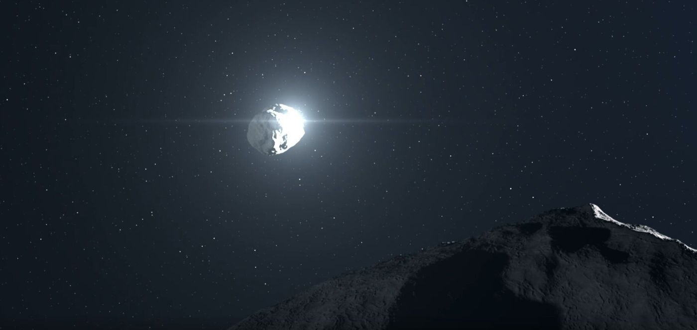 DART impacting the smaller of the two Didymos asteroids, as seen from the larger body. Credits: ESA.