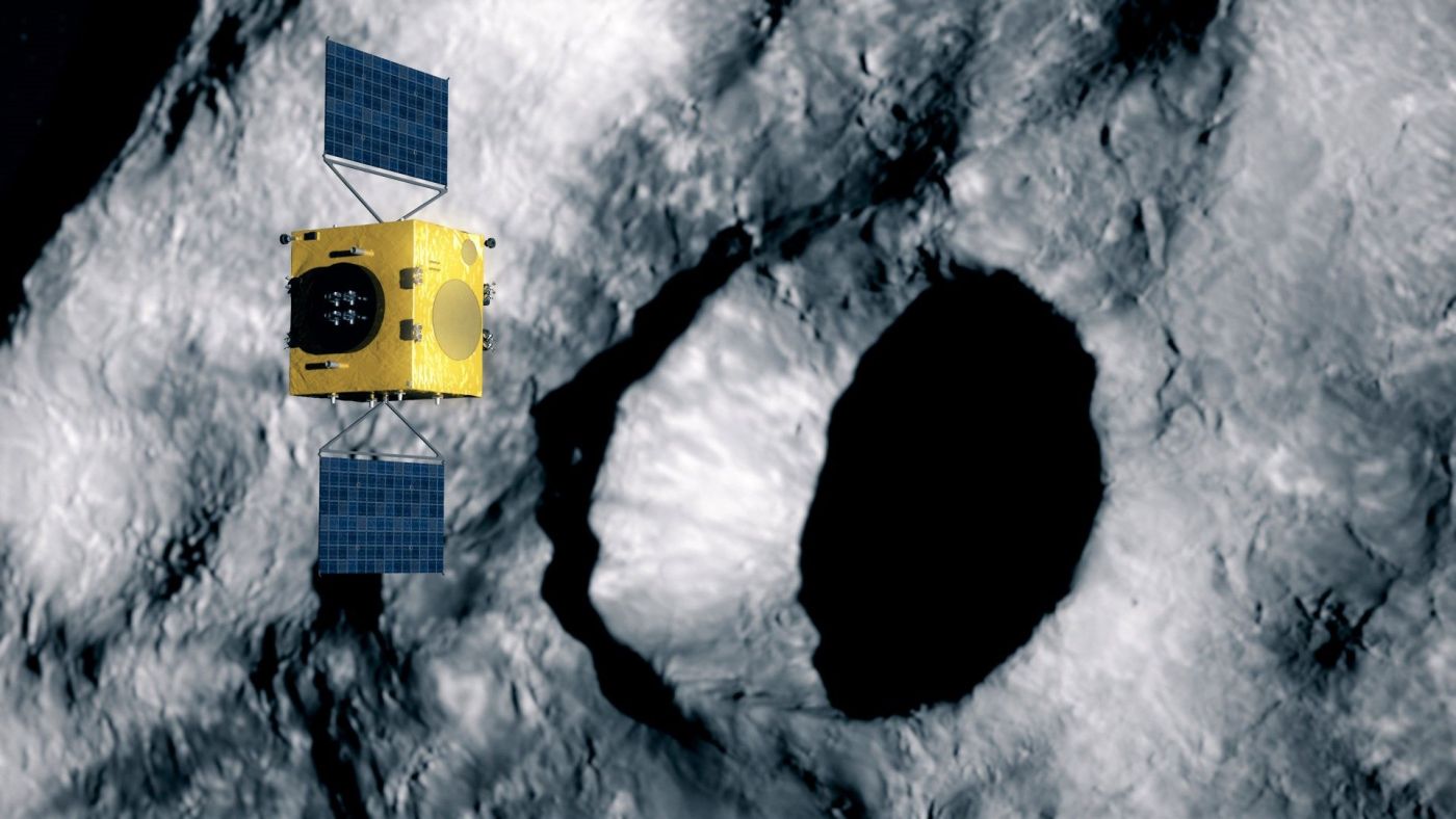 Hera scans DART’s impact crater. Credits: ESA. Image taken from the video "Hera: ESA’s Planetary Defence Mission".