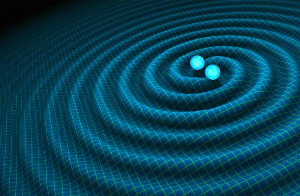 Interpretació artística d'ones gravitacionals generades per estrelles de neutrons binaris. Crèdits: R. Hurt/Caltech-JPL.