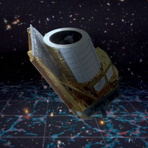 Artist impression of the Euclid mission in space.  ESA/Euclid/Euclid Consortium/NASA. Background galaxies: NASA, ESA, and S. Beckwith (STScI) and the HUDF Team 