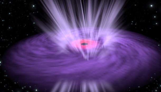 Artist impression illustrating a supermassive black hole with X-ray emission emanating from its inner region (pink) and ultrafast winds streaming from the surrounding disk (purple). 
