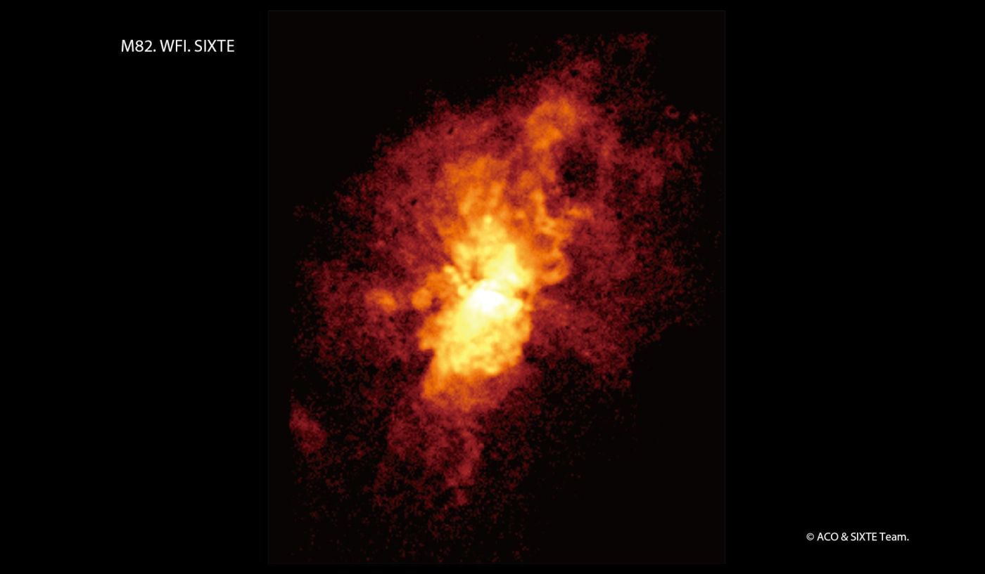 M82 Athena/WFI SIXTE (Simulation of X-ray Telescopes) simulation of starburst galaxy M82. Credits: T. Dauser (SIXTE Team) & ACO.