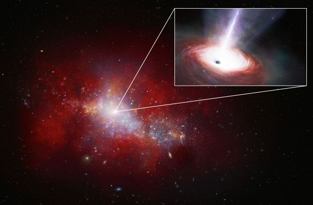 Interpretación artística del agujero negro que se alimenta más rápido en el universo temprano. Créditos: NOIRLab/NSF/AURA/J. da Silva/M. Zamani.