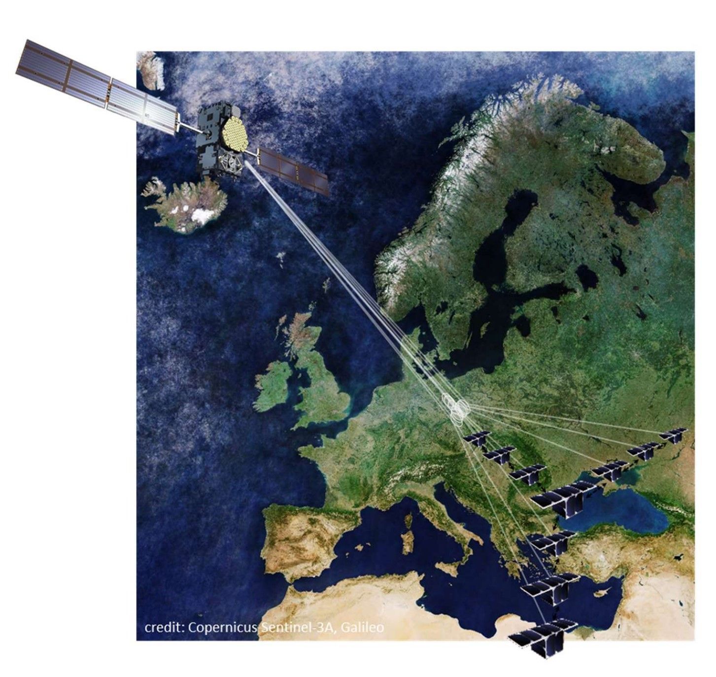 Scheme of the GLITTER concept: the signals transmitted by navigation satellites (GNSS, for example, GPS) are reflected on the surface of the planet and are received from each of the nanosatellites of the 'swarm' (group of satellites orbiting at a short distance from each other). ICE-CSIC will study the appropriate combination of signals to operate the swarm as a single instrument, with better performance than the current GNSS-R missions. Credits: GLITTER Consortium, using images from Copernicus S3A, Galileo.