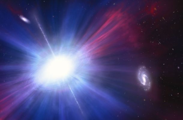 Recreació artística d'una de les explosions més brillants observades a l'espai: un esdeveniment transitori òptic blau ràpid lluminós (LFBOT). Crèdits: NASA, ESA, NSF's NOIRLab, Mark Garlick, Mahdi Zamani.