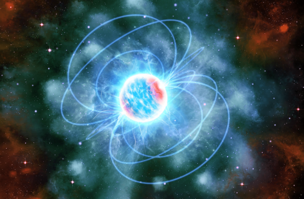 Impresión artística de una estrella de neutrones, mostrada como una esfera azul y roja brillante con rasgos parecidos a chispas que salen volando de ella. Varias líneas azules de campo magnético conectan los dos polos de la esfera. La esfera está rodeada por una nube azul transparente y con una nube roja a los lados de la imagen. Al fondo de la imagen se ven estrellas. Créditos: ICE-CSIC/D. Futselaar/Marino et al.