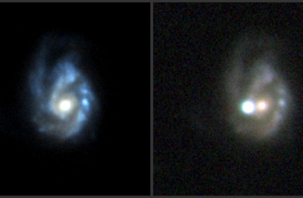 La supernova superlluminosa SN 2017egm va ser descoberta per la missió Gaia de l'Agència Espacial Europea el 23 de maig del 2017. Va explotar en una galàxia espiral barrada massiva coneguda com a NGC 3191, que es mostra a l'esquerra abans de l'erupció. La imatge de la dreta, presa l'1 de juliol del 2017, mostra la supernova brillant més que tota la seva galàxia. Crèdits: Esquerra: SDSS i PS1; dreta: NOT+ALFSOC/Bose et al. 2020 