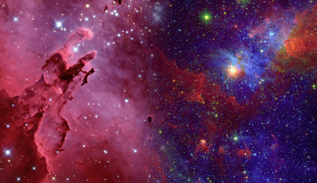 Stock image of the Pillars of Creation and other elements in space, coloured in pink and blue tones.