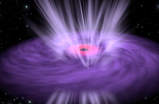 Artist impression illustrating a supermassive black hole with X-ray emission emanating from its inner region (pink) and ultrafast winds streaming from the surrounding disk (purple). 