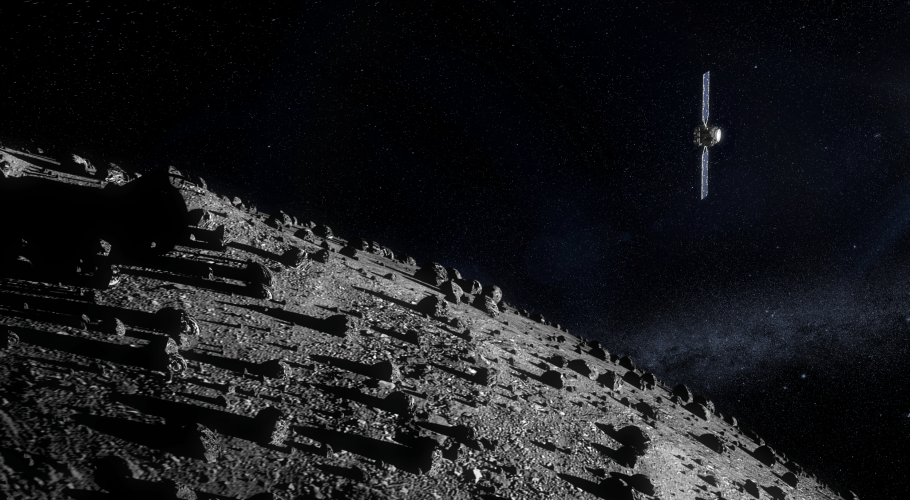 Computer rendering of ESA's Hera mission approaching the asteroid Dimorphos. Credit: ESA-Science Office.