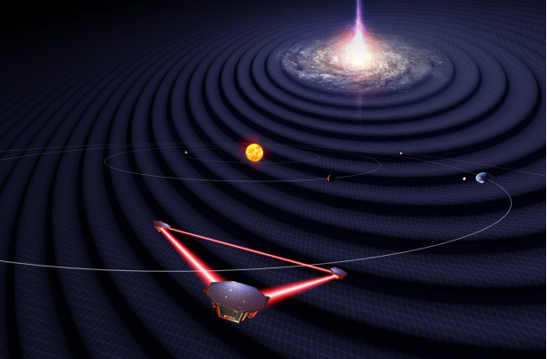 Interpretación artística de los satélites de la misión LISA en el sistema solar observando ondas gravitacionales de una galaxia distante. Créditos: Universidad de Florida / Simon Barke (CC BY 4.0).