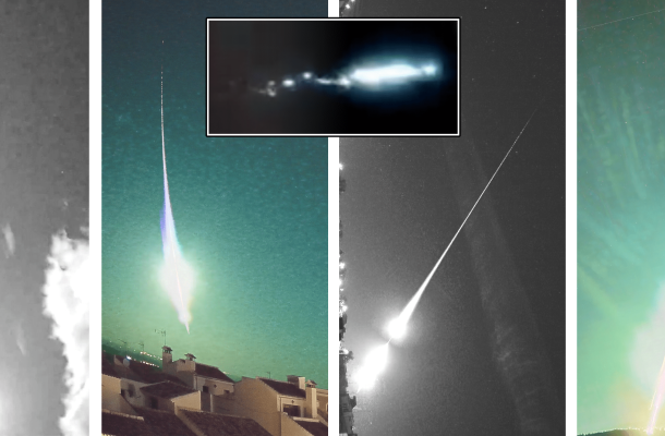 Fragmentos de cuatro vídeos utilizados el artículo para estudiar el superbólido SPMN180524F. Las imágenes son una combinación de los fotogramas del vídeo. Se han eliminado algunos fotogramas saturados con fines ilustrativos. De izquierda a derecha: Navianos de Valverde, Estepa, Sanlúcar de Barrameda y Casas de Millán. En el centro hay un fotograma de un vídeo compartido en las redes sociales que captura la parte final de la fase luminosa. Créditos: Eloy Peña-Asensio et al.