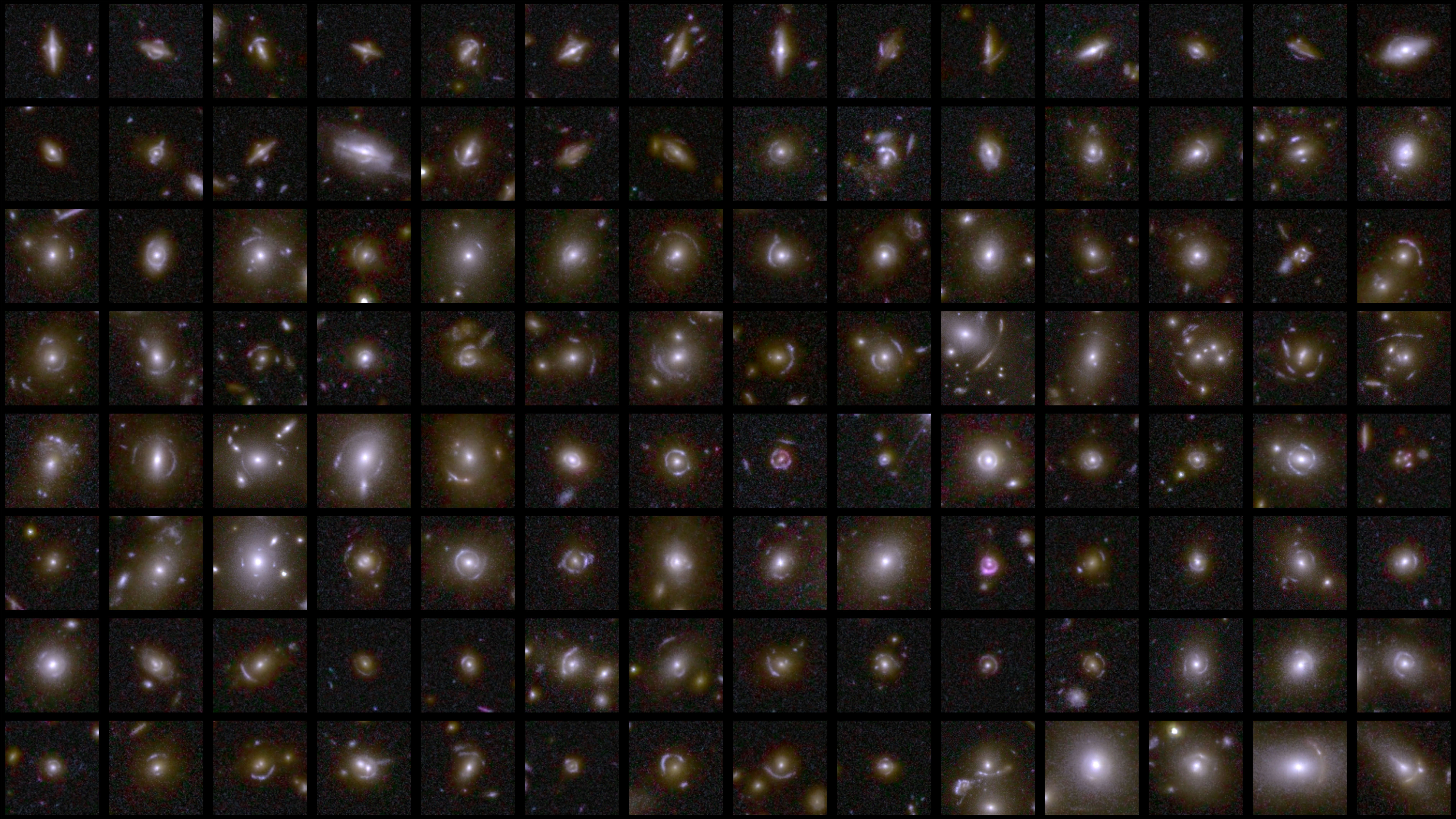 Exemples de lents gravitacionals que Euclid va capturar en les primeres observacions de les àrees del Camp Profund. Mitjançant una escombrada inicial amb models d'intel·ligència artificial, seguit d'una inspecció de ciència ciutadana, la revisió i el modelatge per experts, es va crear un primer catàleg de 500 candidats a lents fortes entre galàxies, gairebé tots desconeguts prèviament. Crèdits: ESA/Euclid/Consorci Euclid/NASA, processament d'imatges per M. Walmsley, M. Huertas-Company, J.-C. Cuillandre.