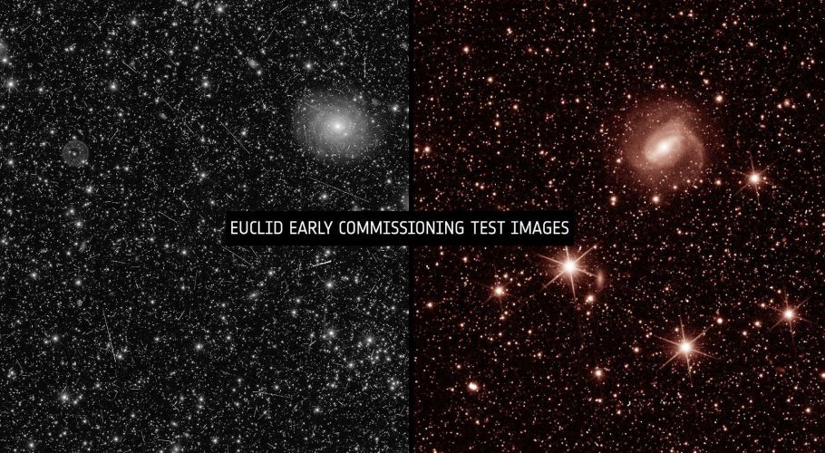 The image on the left was taken by Euclid´s VISible instrument (VIS) and the image on the right was taken by Euclid´s Near-Infrared Spectrometer and Photometer (NISP). They are not on the same scale. These early test images were taken to check the instruments and review how the spacecraft can be further tweaked and refined. Credits: ESA/Euclid/Euclid Consortium/NASA, CC BY-SA 3.0 IGO.