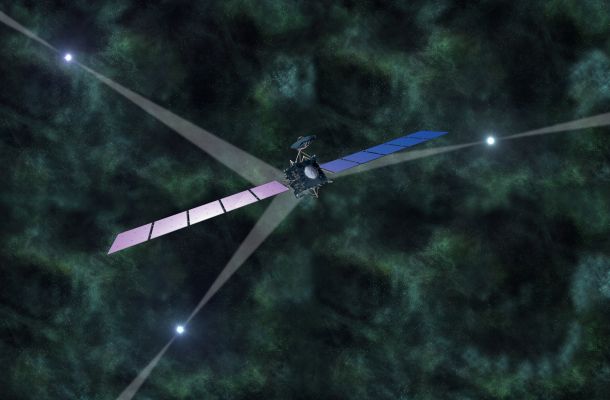 Representació artística de navegació basada en púlsars a l'espai profund. Crèdits: ESA. Compilació: Institut Max Planck de Física Extraterrestre. 