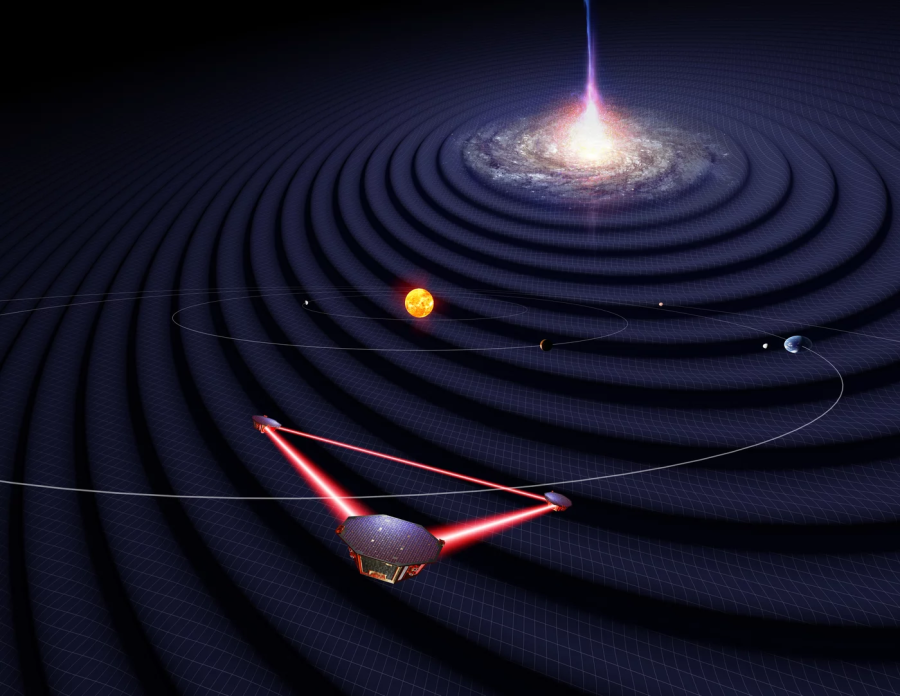 Interpretación artística de los satélites de la misión LISA en el sistema solar observando ondas gravitacionales de una galaxia distante. Créditos: Universidad de Florida / Simon Barke (CC BY 4.0).